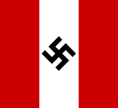 [Three vertical stripes, red and white, swastika centered on the white]